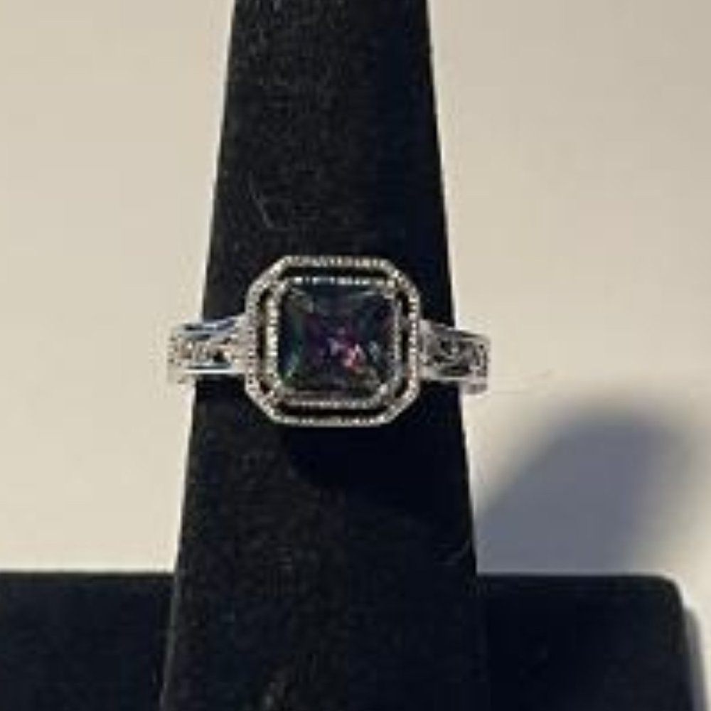 Mystic Topaz Gemstone & CZ Square Fashion Ring SZ 7 NEW
